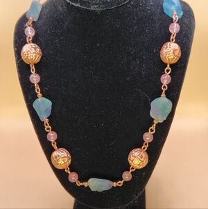 Blue-Green Fluorite, Strawberry Quartz and Copper Linked Necklace